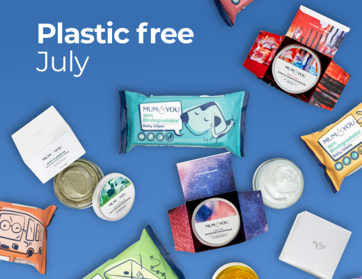 Blue background with plastic free wipes and mum skincare
